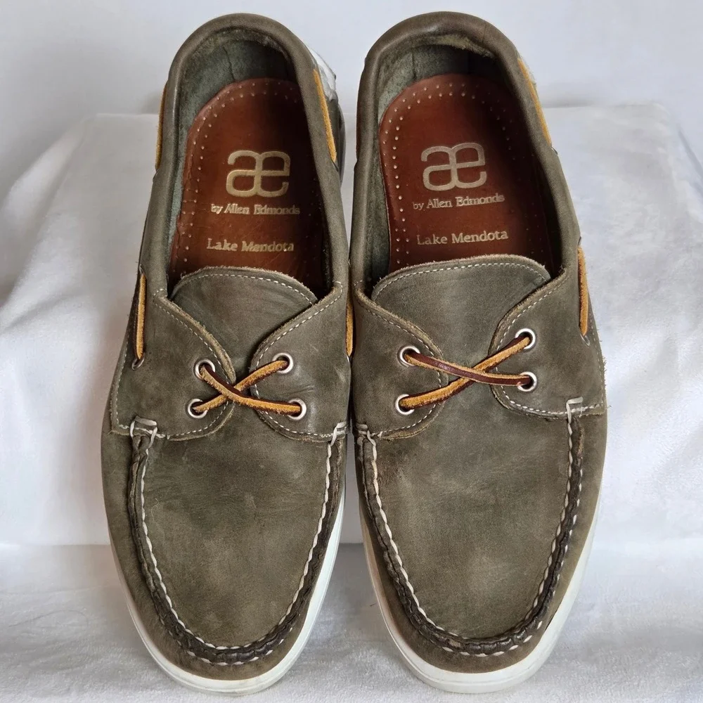 Allen Edmonds Lake Mendota Mens 7.5‎ E Olive Green Nubuck Boat Shoes Nautical